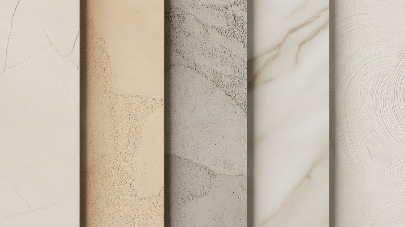 Comparison of different wall texture finishes including smooth, sand, plaster, marble, and swirl patterns in neutral tones