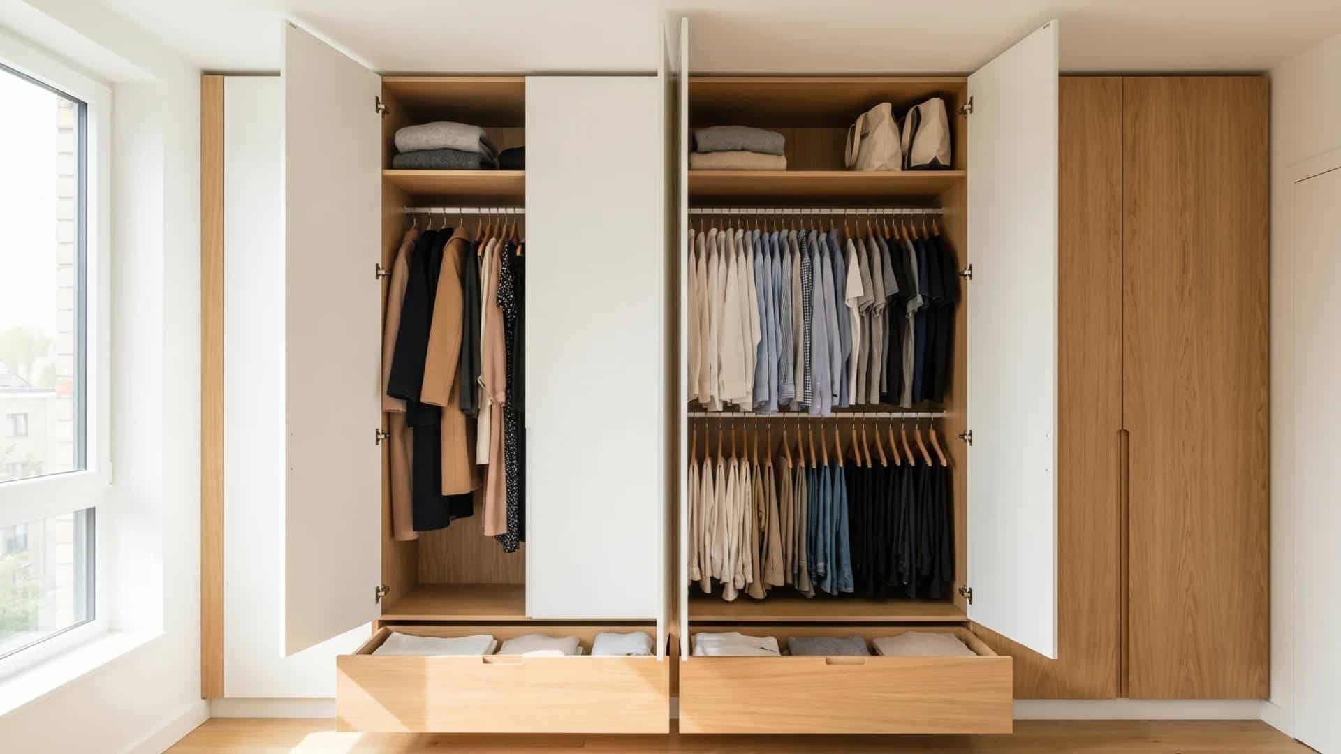 Modern wardrobe with drawers, shelves, and hanging rods displaying clothing neatly arranged