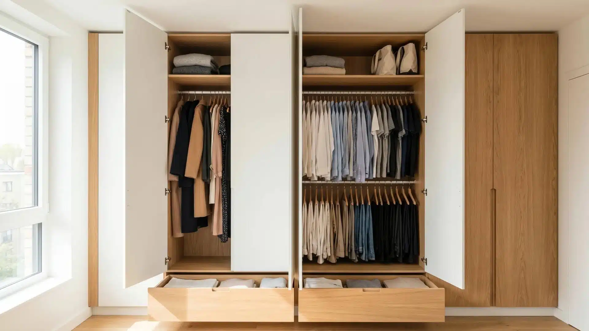 Modern wardrobe with drawers, shelves, and hanging rods displaying clothing neatly arranged