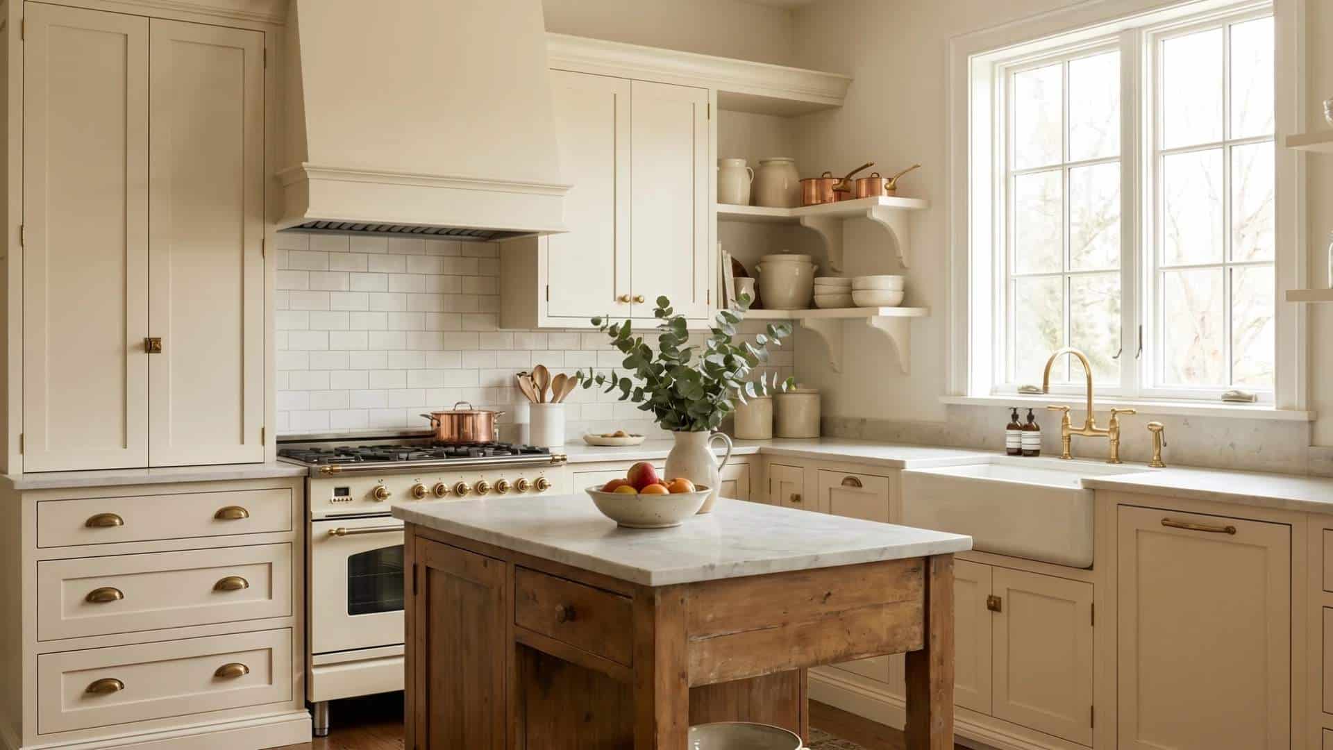 Warm cream and off-white painted kitchen cabinets with wooden accents and brass hardware in a cozy space.