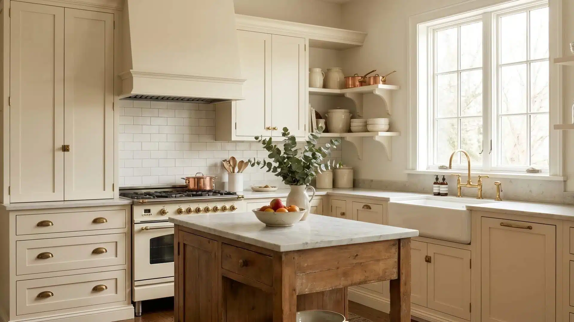 Warm cream and off-white painted kitchen cabinets with wooden accents and brass hardware in a cozy space.