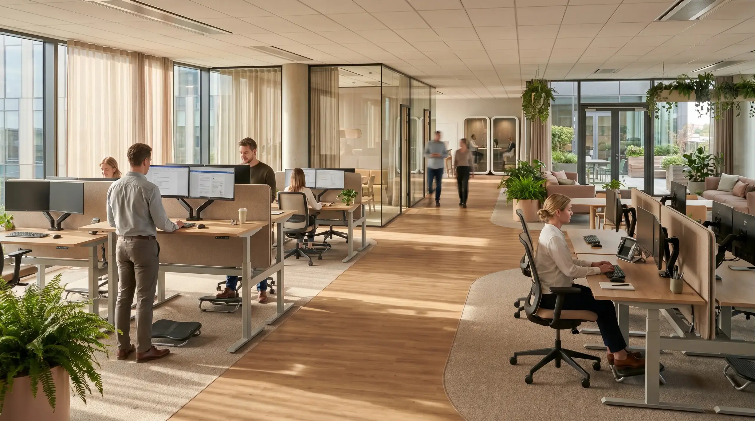Ergonomic office with height-adjustable desks, footrests, monitor arms, walking paths, private wellness rooms, and break areas with natural light.