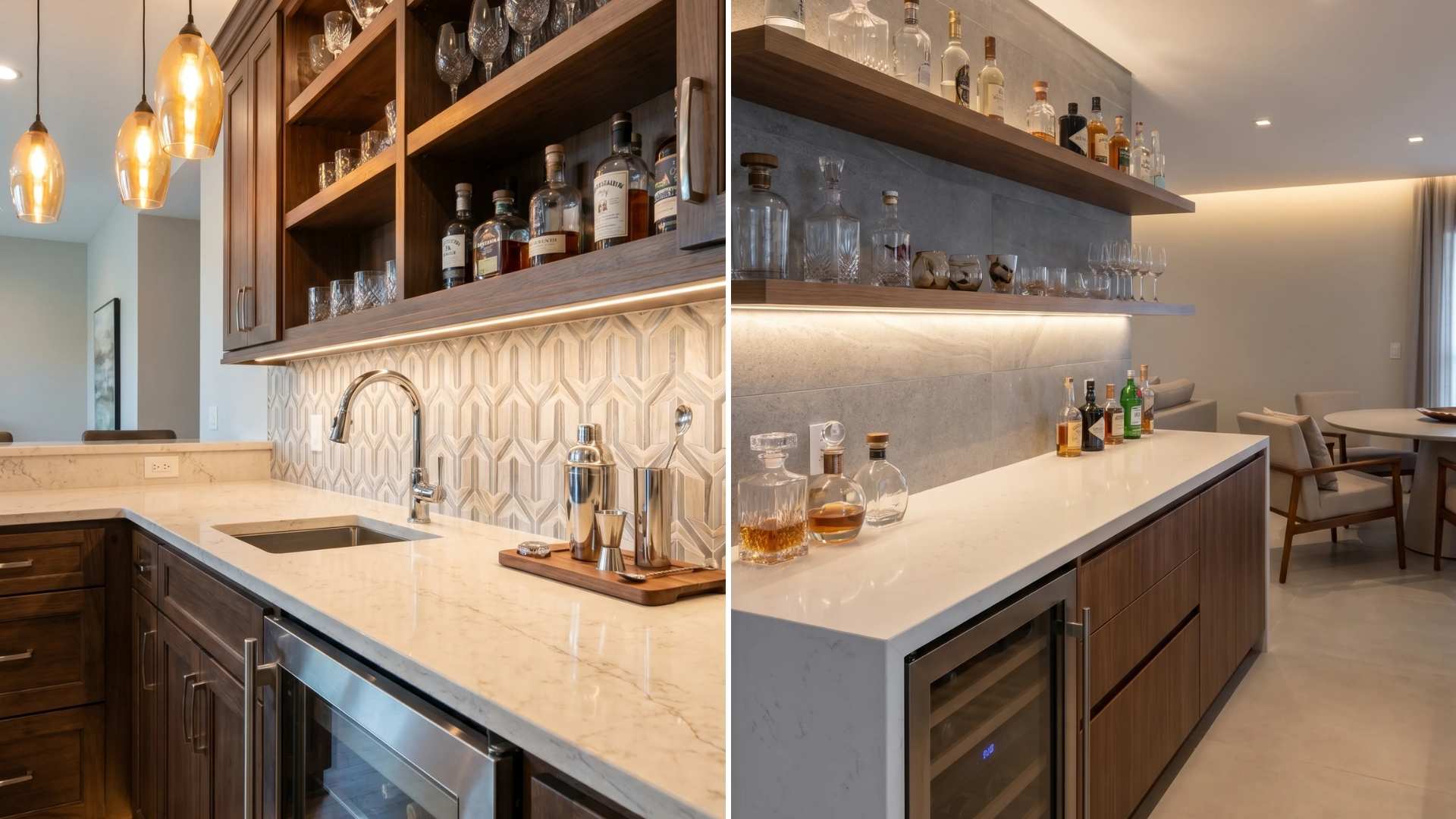 Comparison of traditional wet bar cabinetry and sleek modern wet bar shelving designs.