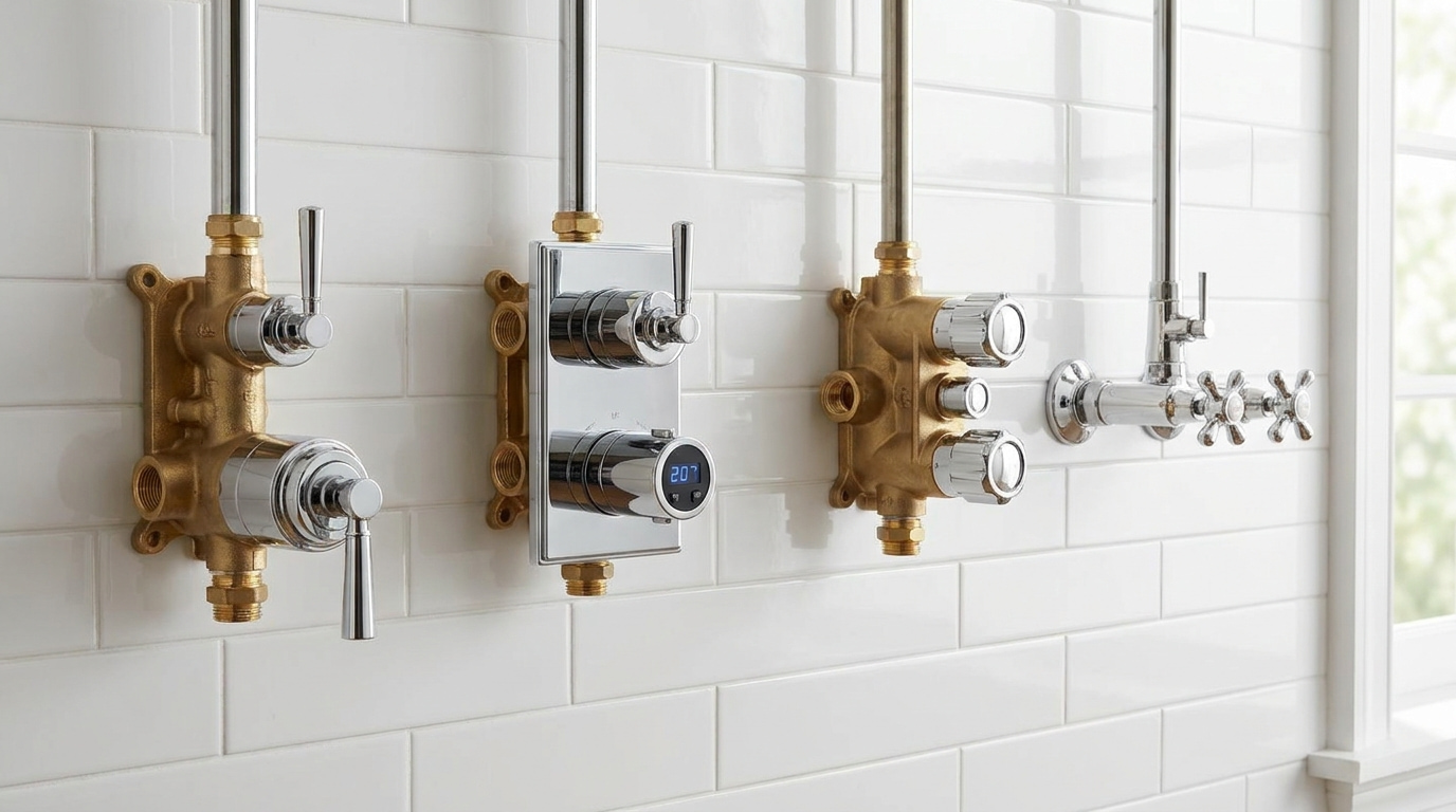 Different shower valve types displayed side by side, including pressure-balancing, thermostatic, diverter, and mixing designs.
