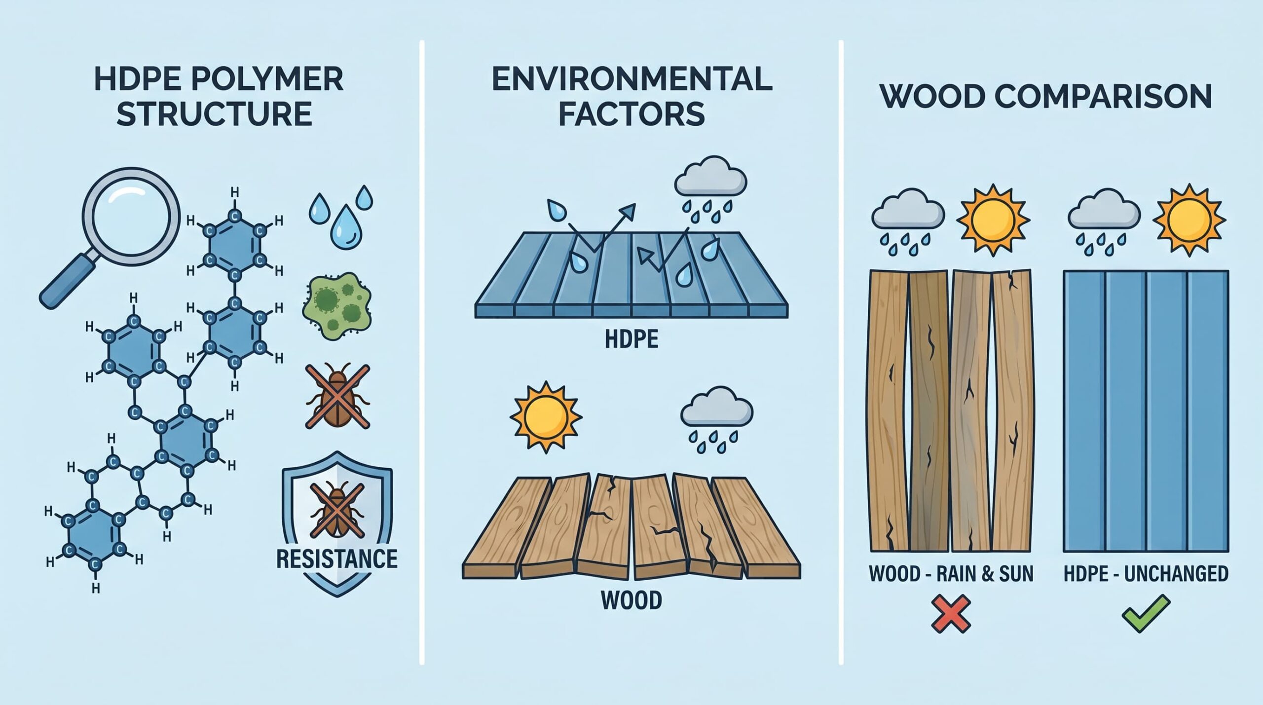 Illustration showing HDPE polymer structure, highlighting why it is used in Polywood furniture production.