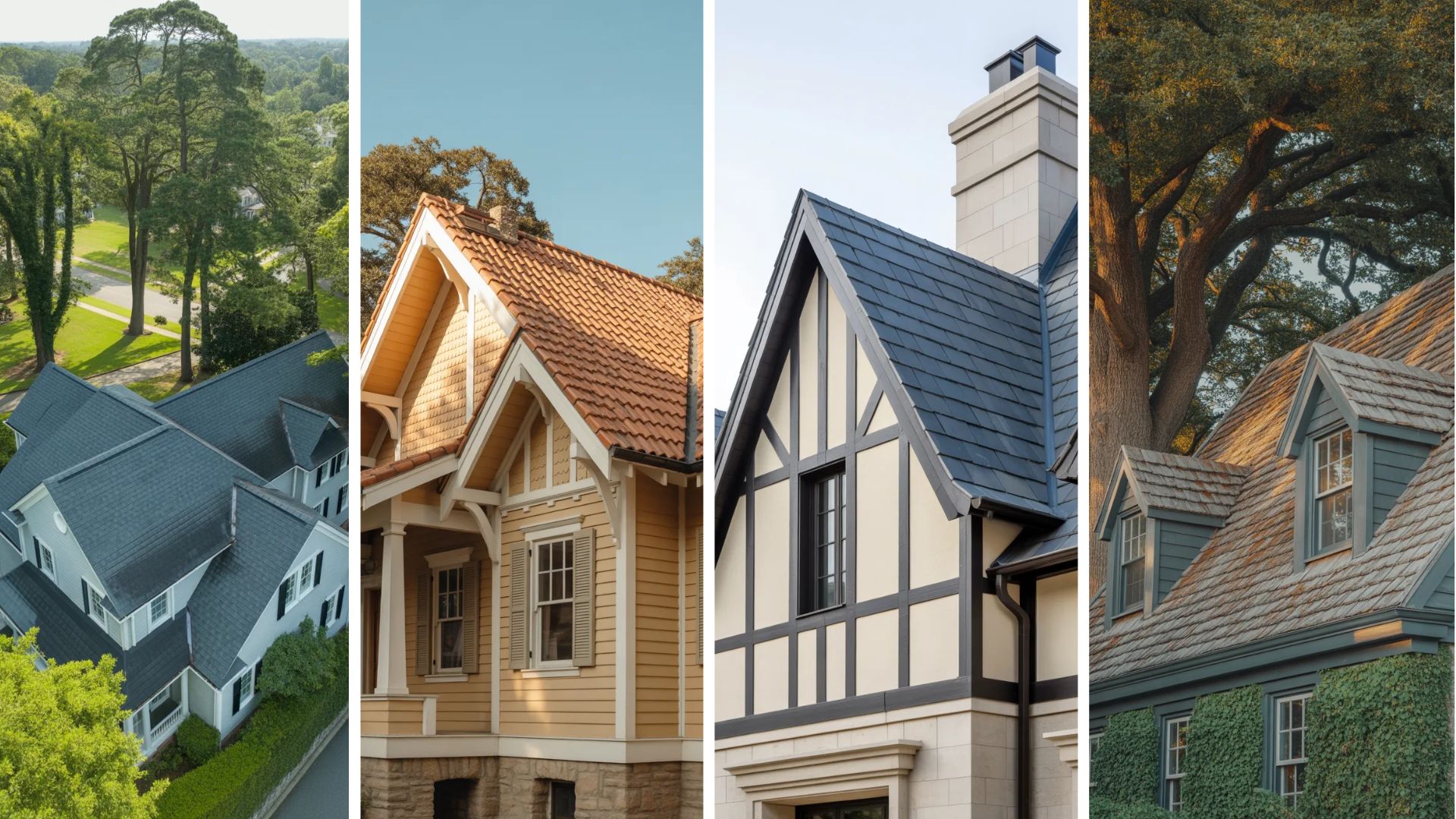 collage of different gable roof house styles including traditional, Tudor, and dormer designs in various settings