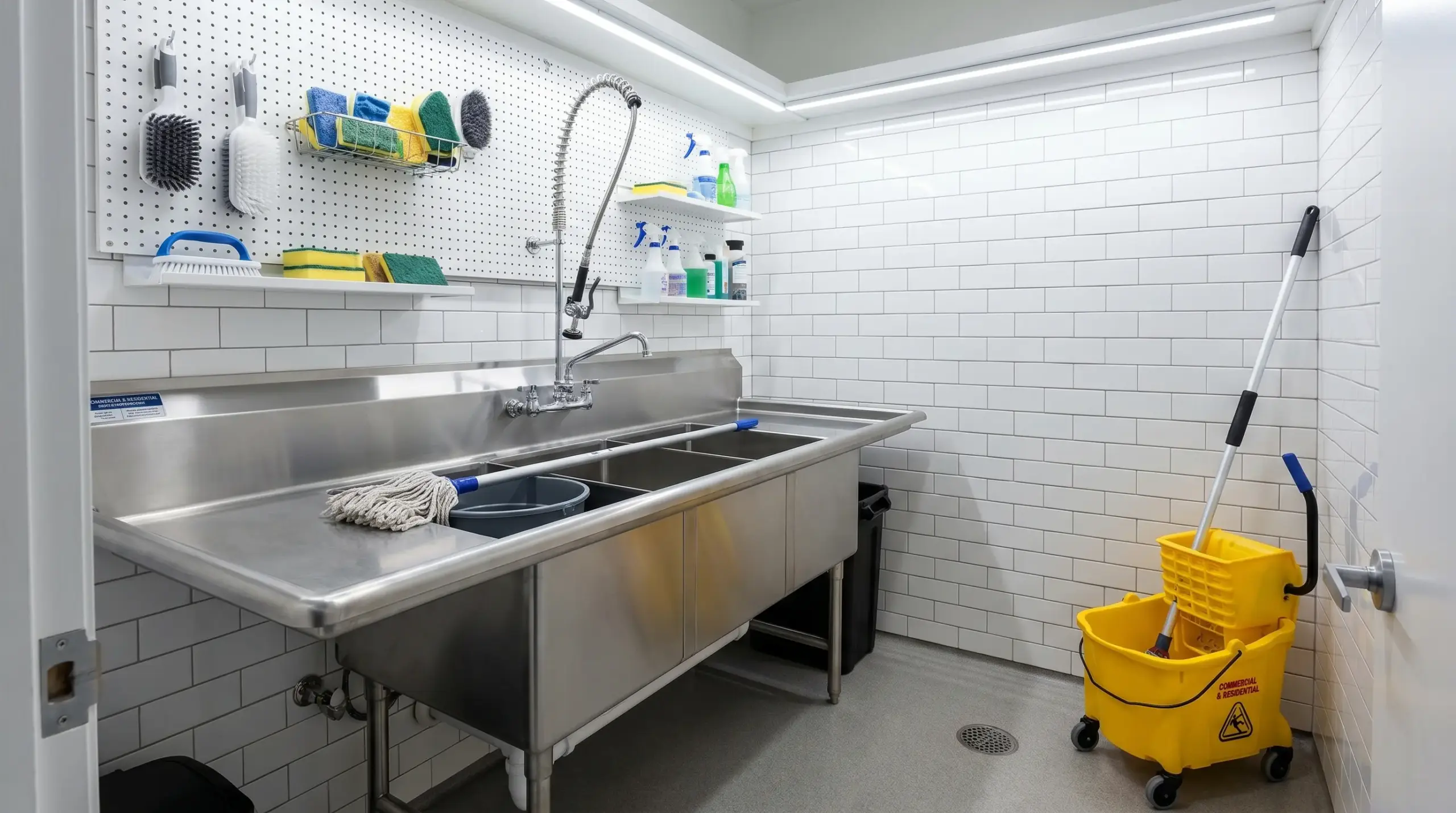 Bright commercial janitor room with cleaning supplies, showing a service sink and mop bucket ready for use.