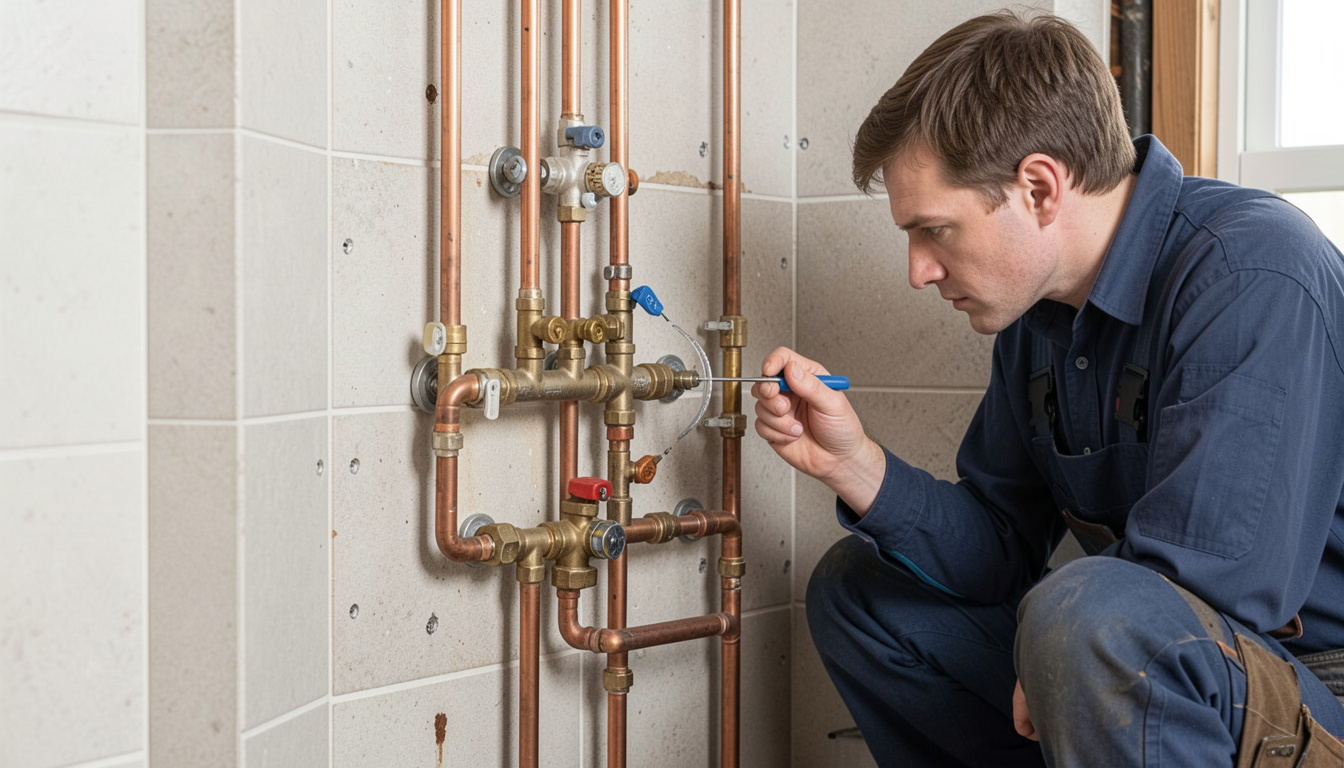 Professional plumber inspecting shower valve and connected plumbing lines during bathroom repair and maintenance work.
