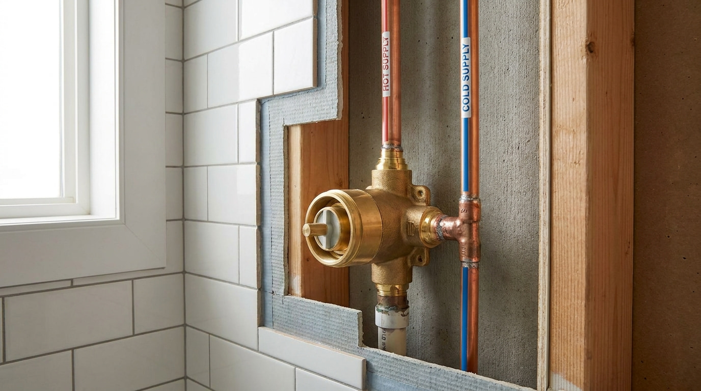 Brass shower valve mounted behind bathroom wall with hot and cold water supply connections visible.
