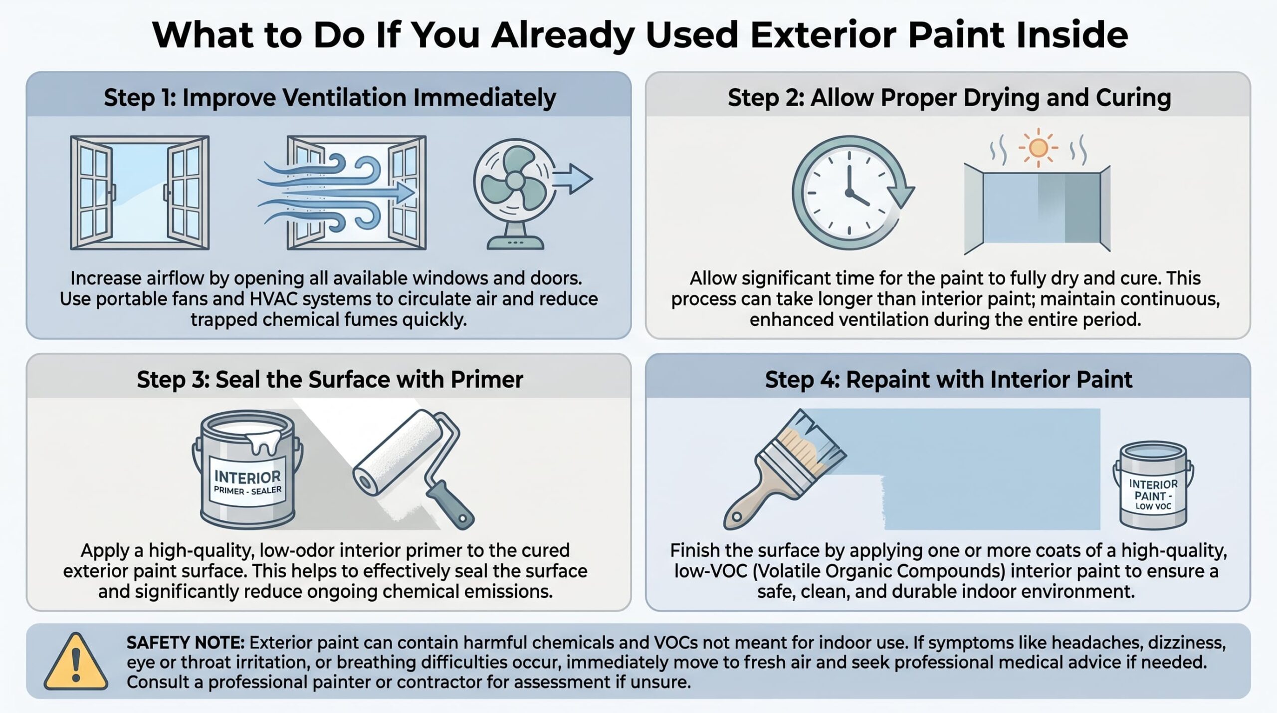 Four-step infographic detailing how to handle exterior paint used indoors, from ventilation to priming.