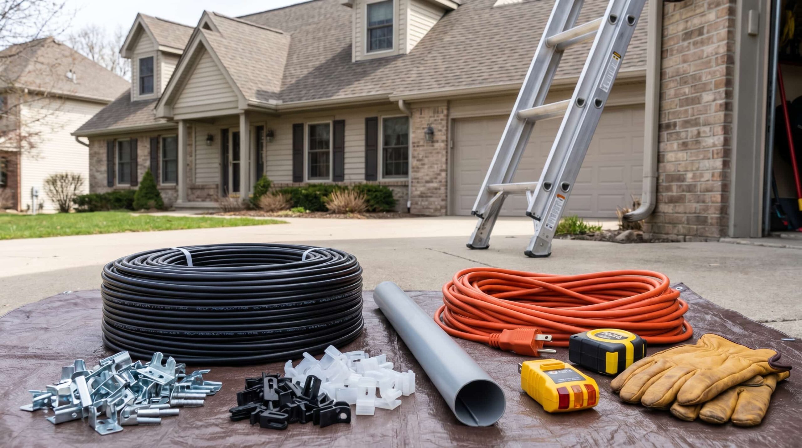 Gutter heat tape installation materials including cable, clips, extension cord, gloves, and ladder prepared before starting the project.