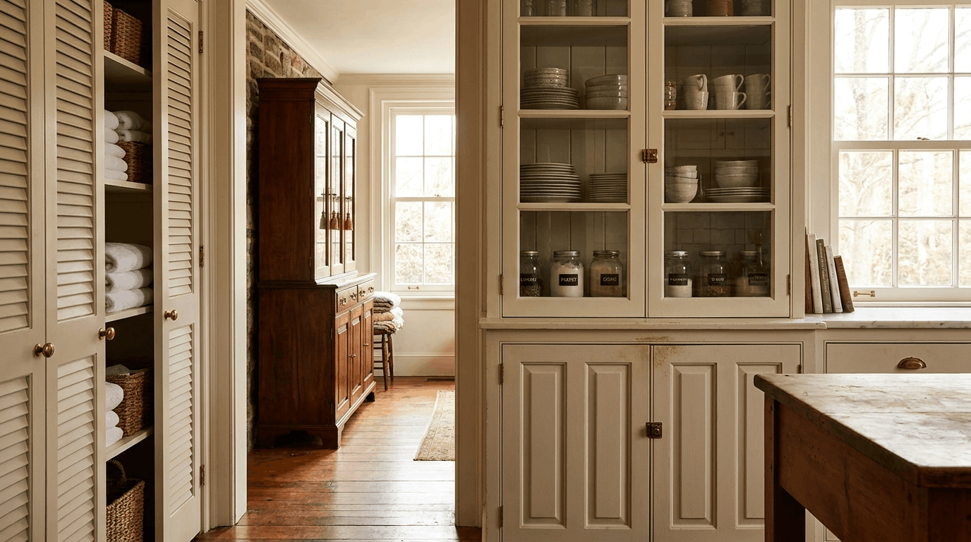Different cupboard styles arranged naturally inside a warm and functional family home interior.