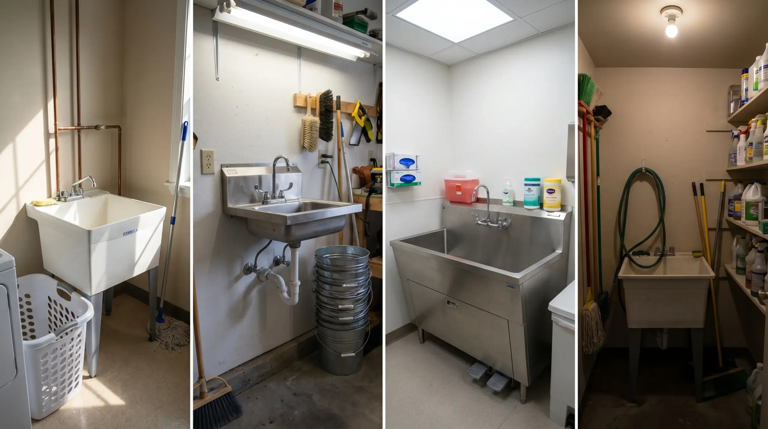Various residential and utility room setups with a service sink installed for washing, cleaning, and pet care tasks.