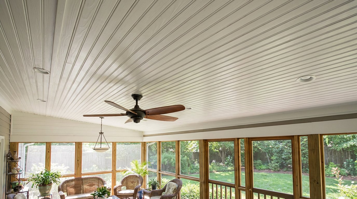 White beadboard porch ceiling with recessed lights and a ceiling fan in a bright, screened outdoor space