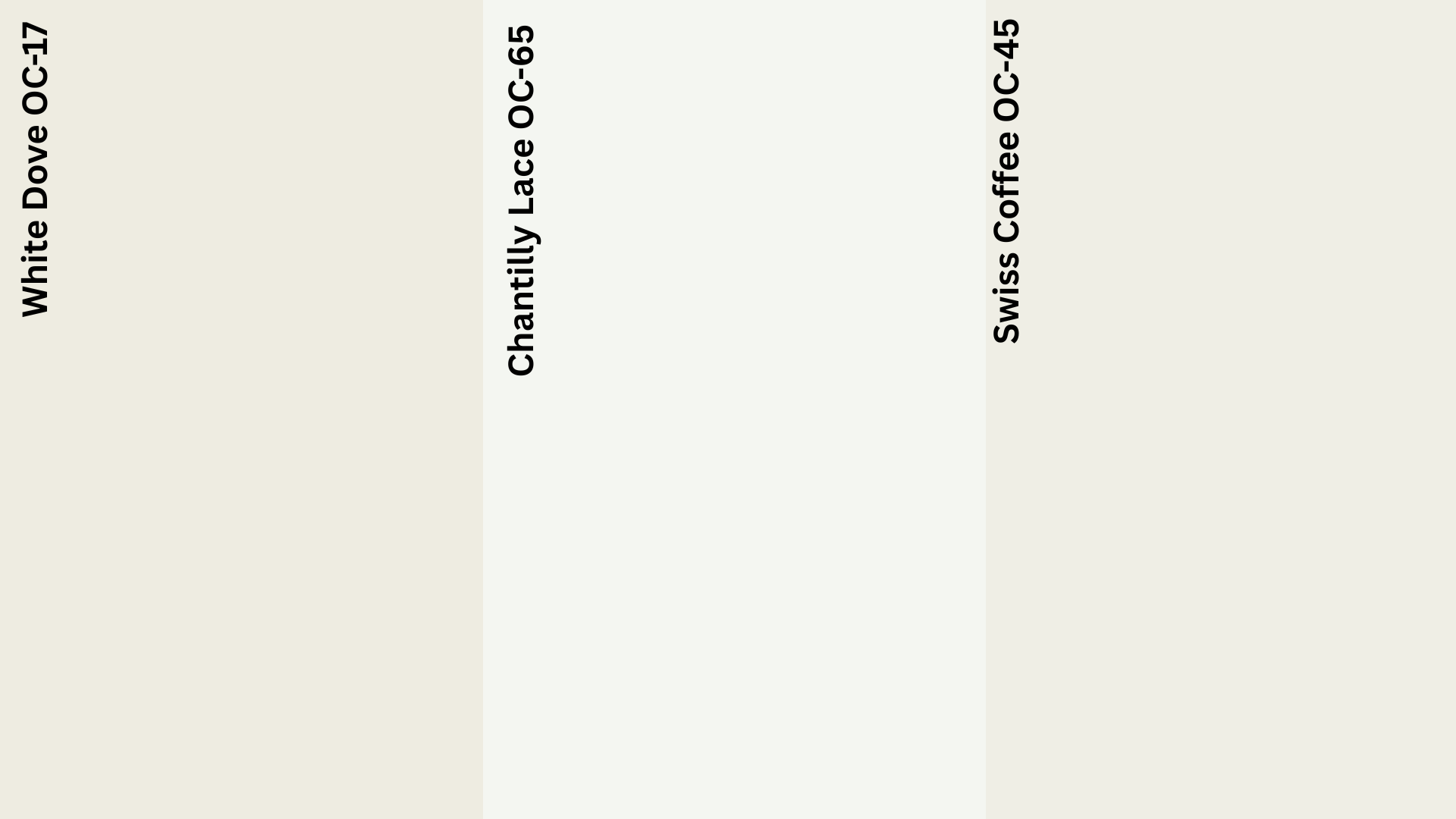 Comparison of Benjamin Moore White Dove OC-17, Chantilly Lace OC-65, and Swiss Coffee OC-45