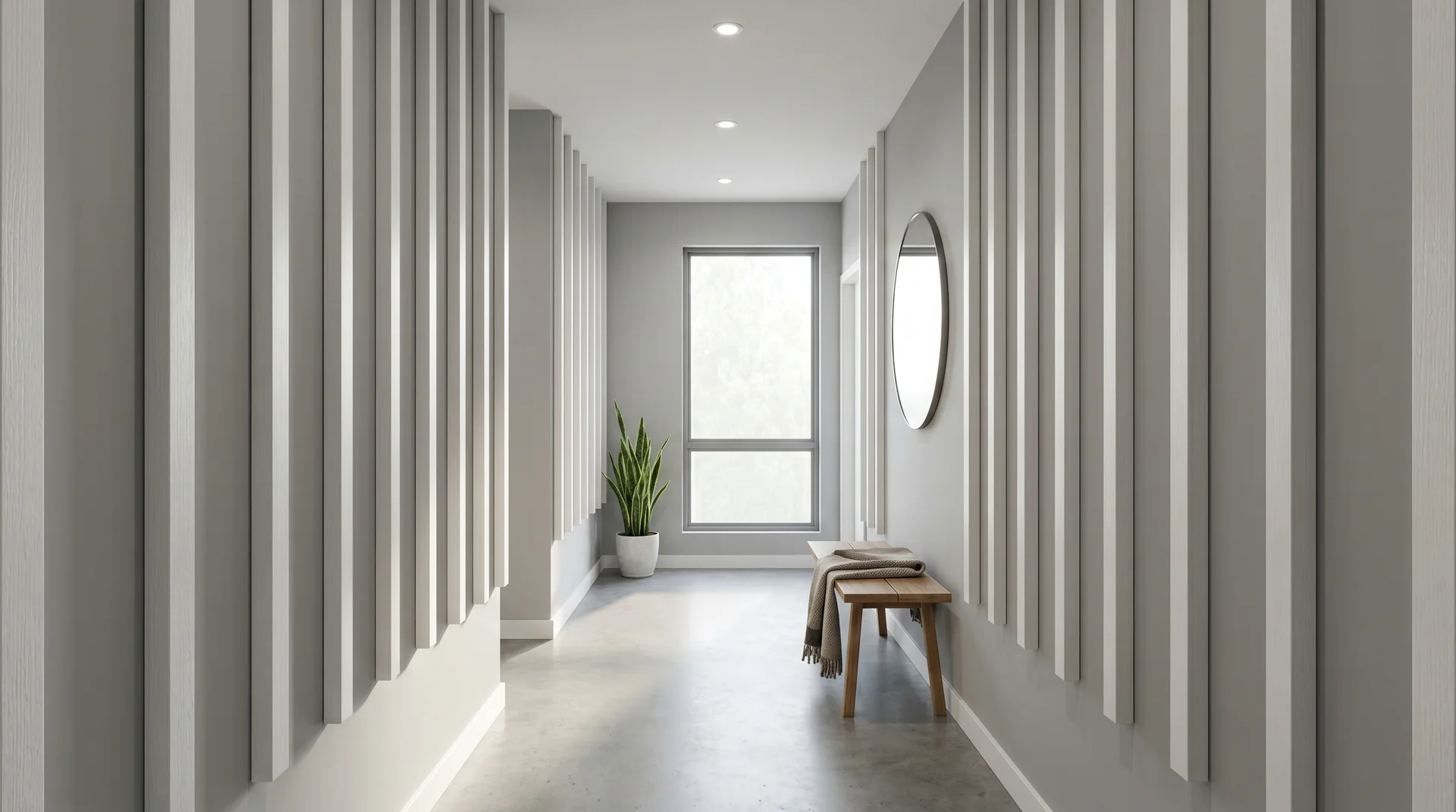 Modern hallway with wide-spaced vertical gray battens, neutral walls, polished concrete floor, natural light, bench with blanket.