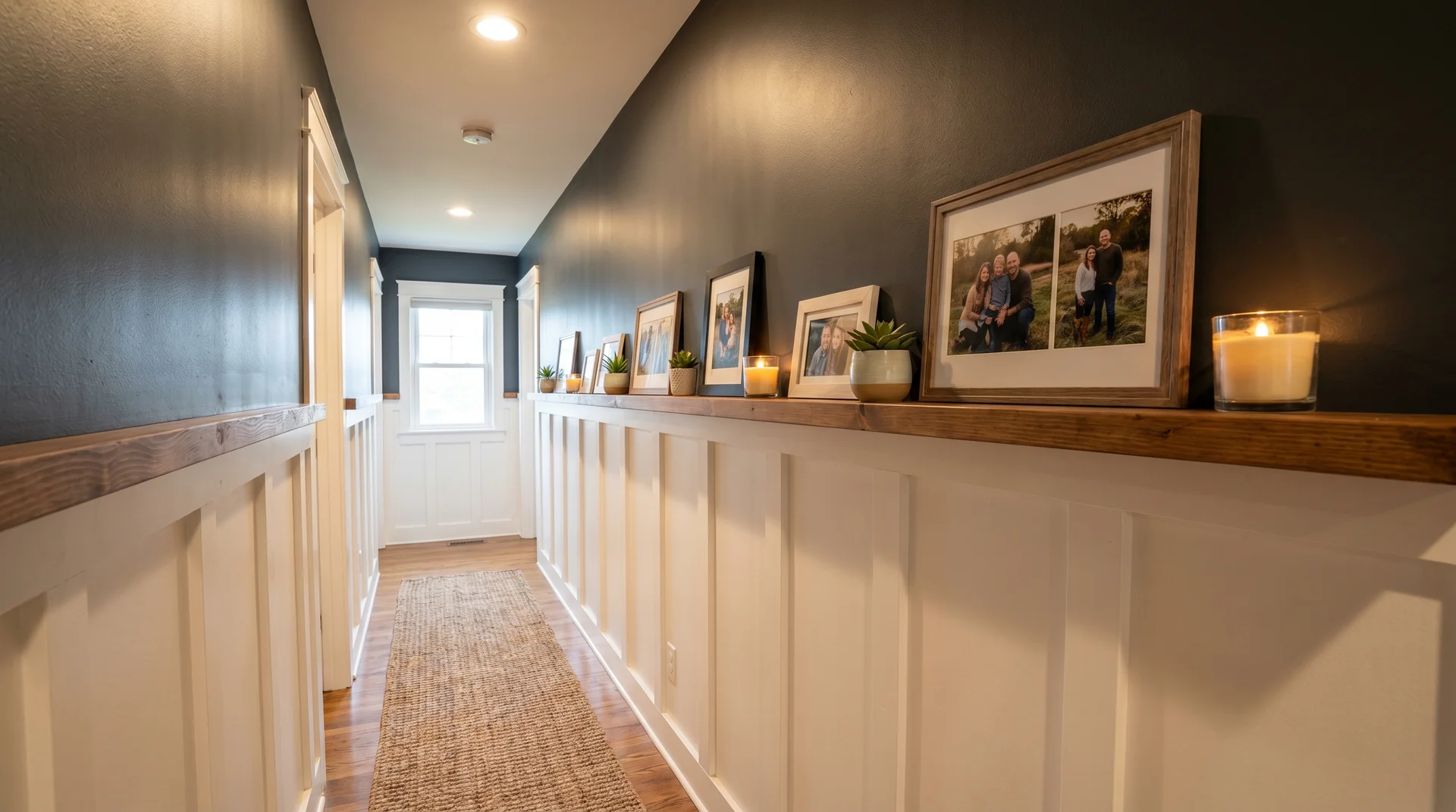 Hallway with board and batten, wide top cap shelf holding framed photos, plants, candles, wooden floor, dark upper wall.