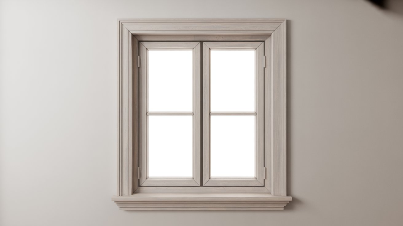 A classic white double-hung window with a detailed wooden frame and sill installed on a plain beige wall.