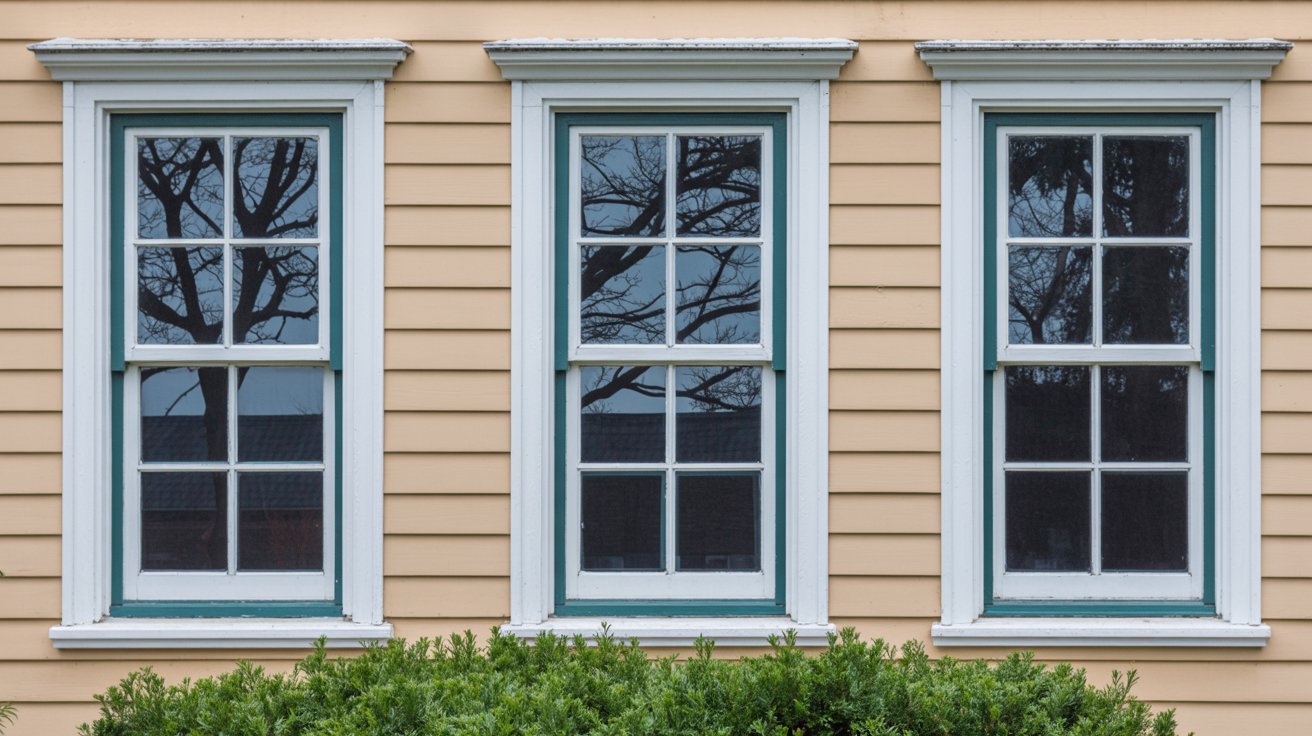 Three identical double-hung windows with dark frames and white trim installed on a light tan siding wall.