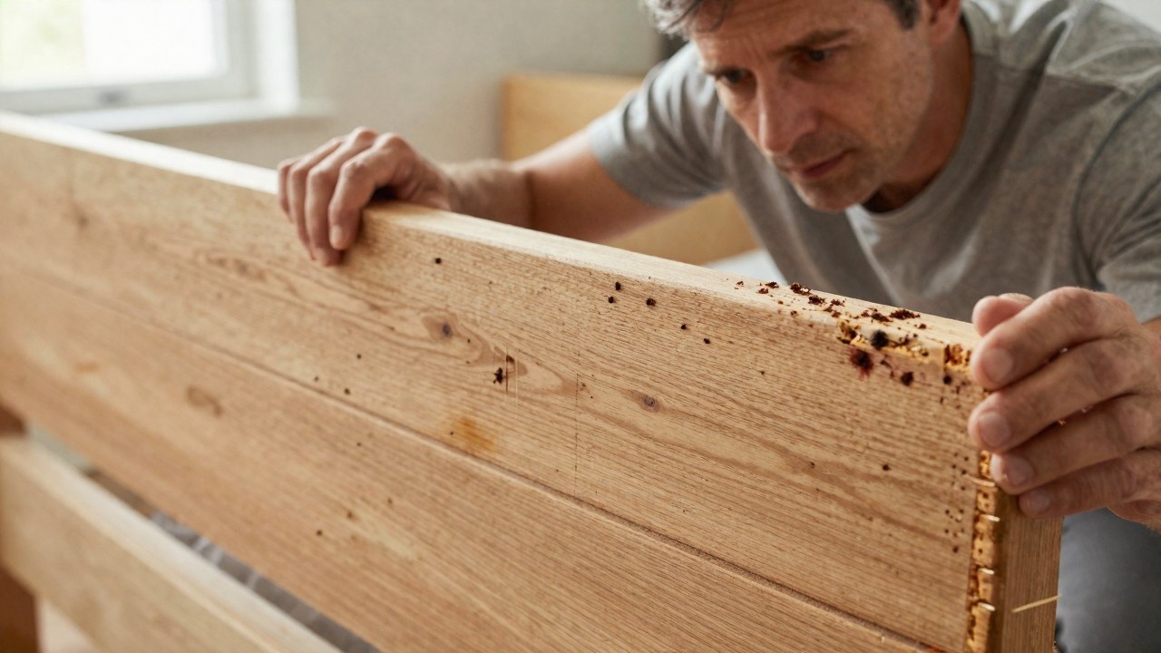 A man closely inspecting the corner of a light wooden bed frame for signs of a bed bug infestation.