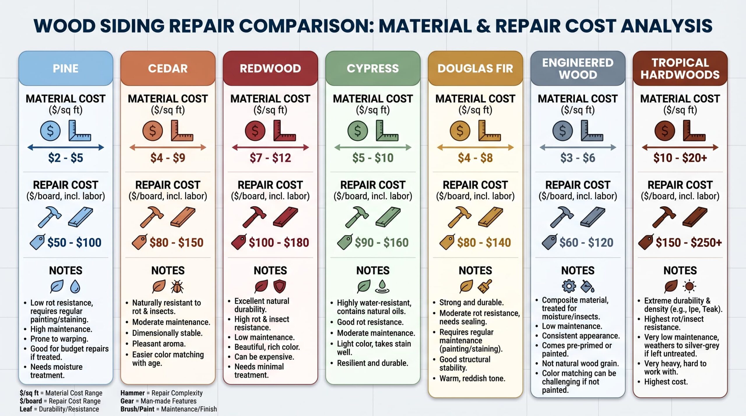 Chart showing how different wood types affect siding repair costs. Hardwoods like oak and teak are more expensive, while softwoods like pine are more affordable