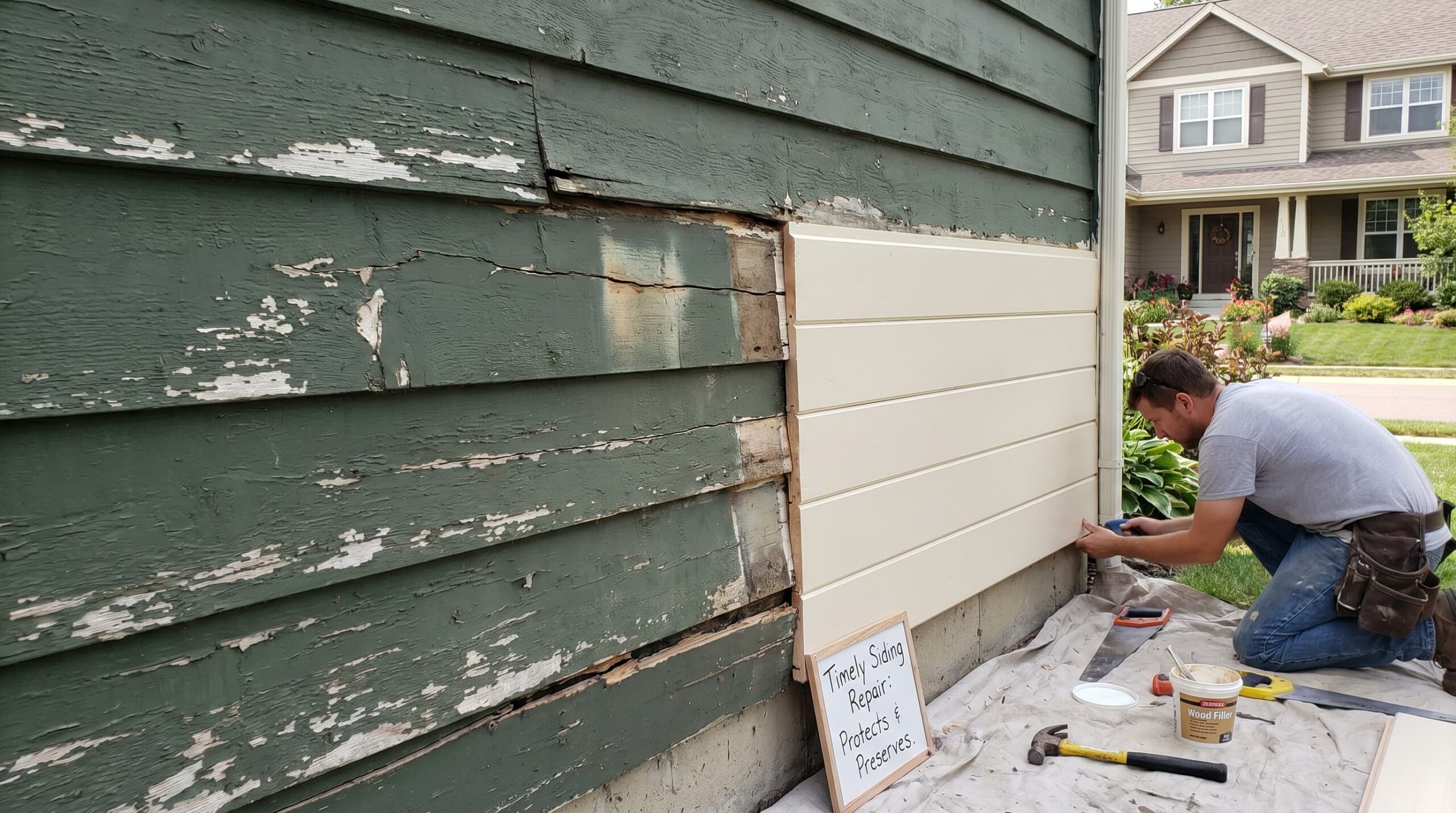 An image showing the exterior of a home with a mix of damaged and newly repaired wood siding. The damaged section is clearly visible, highlighting the contrast between the old, worn siding and the freshly replaced boards