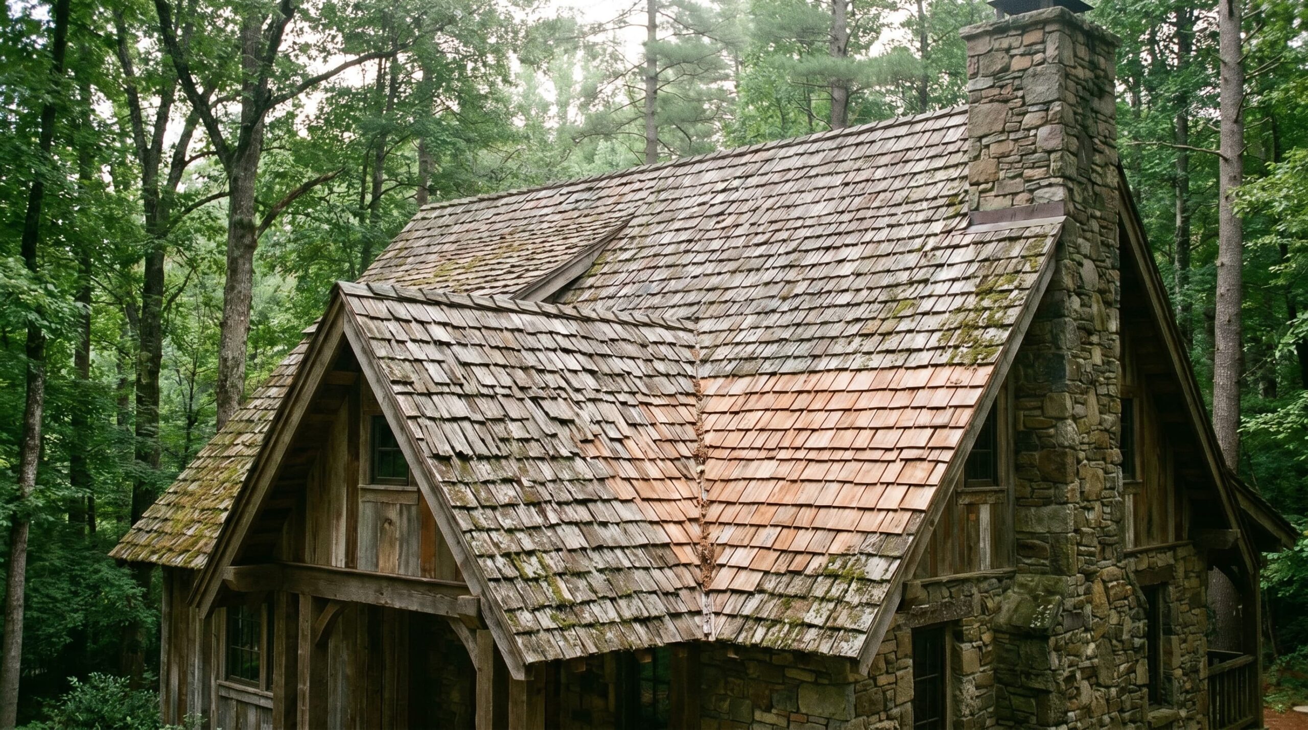 Close-up of cedar wood shingles and shakes highlighting grain, rough edges, and layered pattern