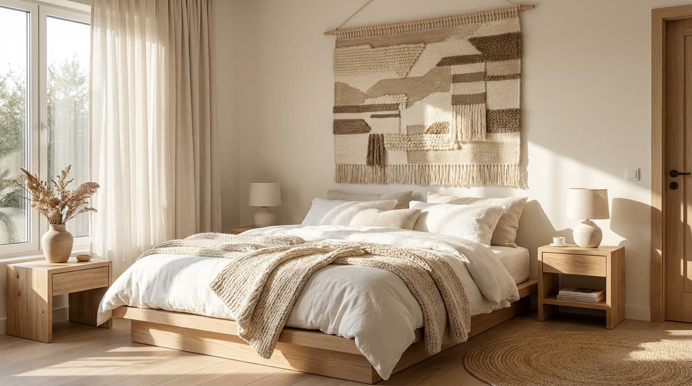 Wall decor for bedroom showcasing woven textile hanging above bed with soft organic textures and neutral tones.