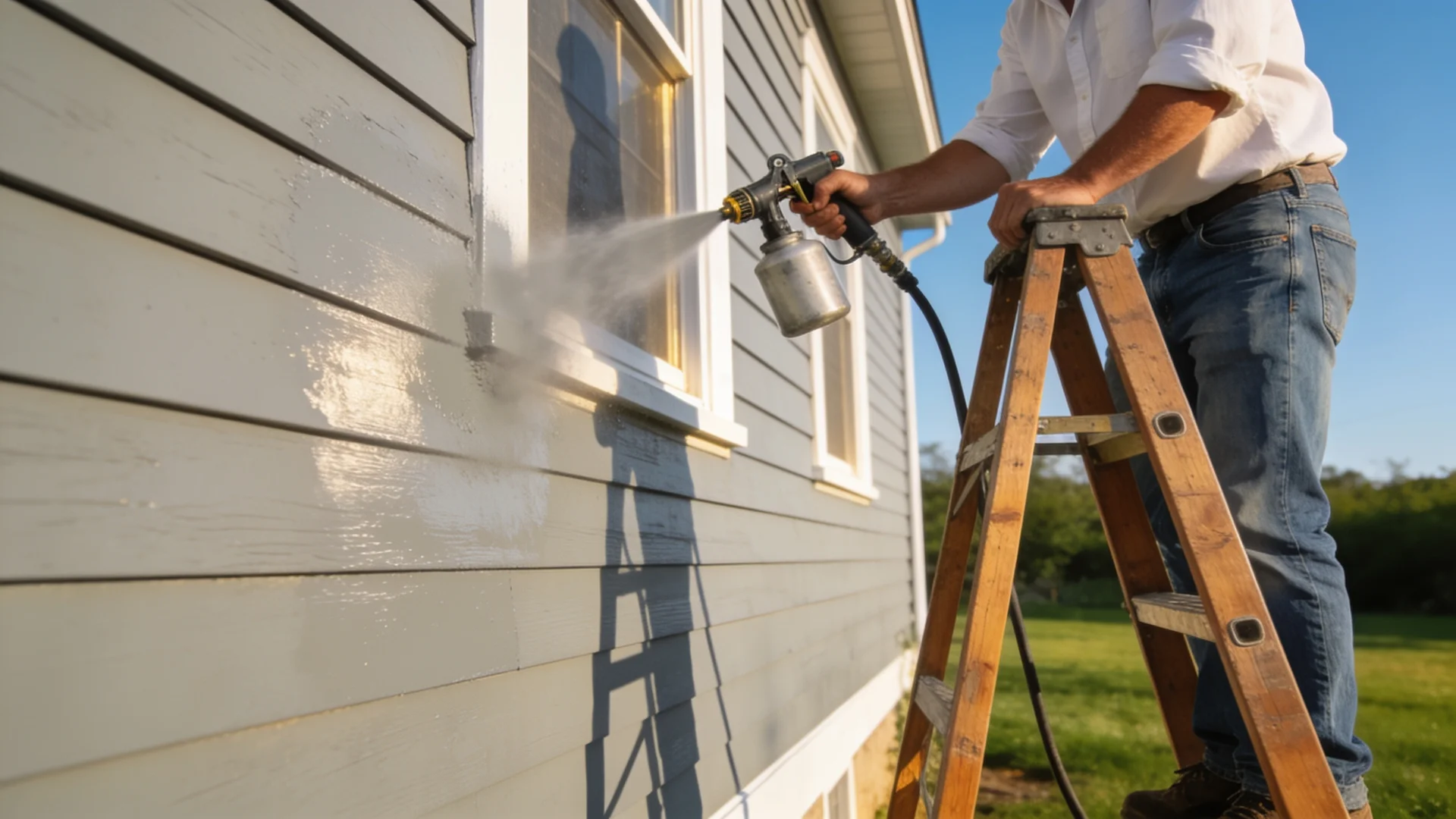 A homeowner using an airless sprayer to paint gray vinyl siding on a house exterior.