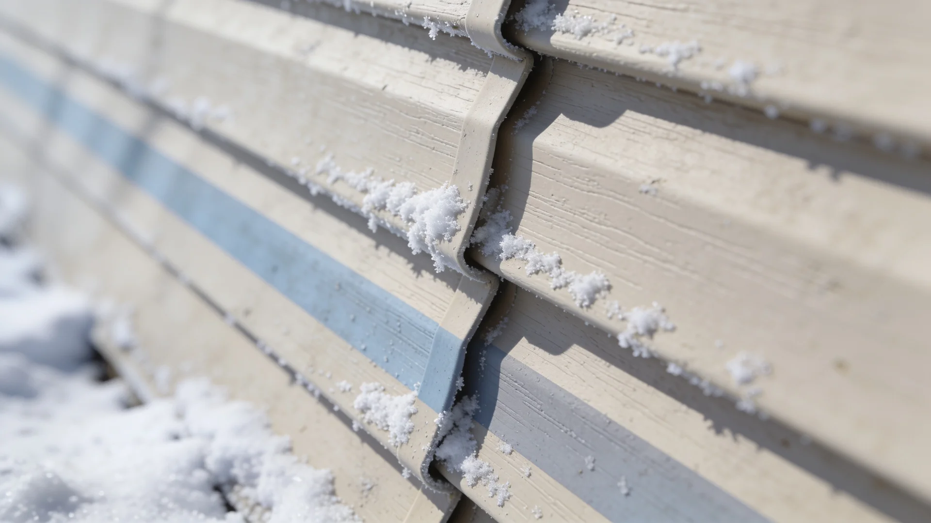 Close-up of vinyl siding panel overlaps showing original color stripe visible in cold weather.