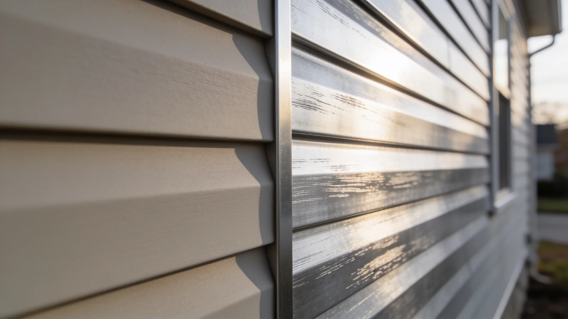 Side-by-side view of vinyl and aluminum siding panels on a residential home exterior.