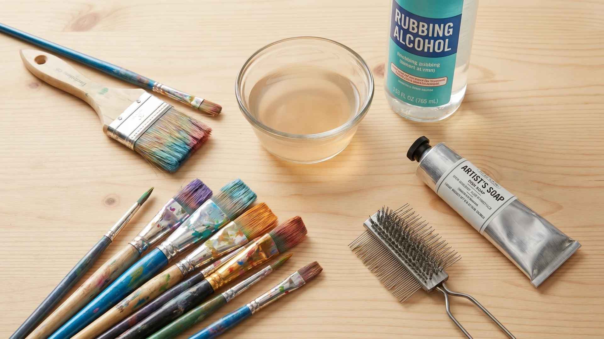 Paintbrushes, rubbing alcohol, artist soap, and cleaning tools arranged on a wooden surface.