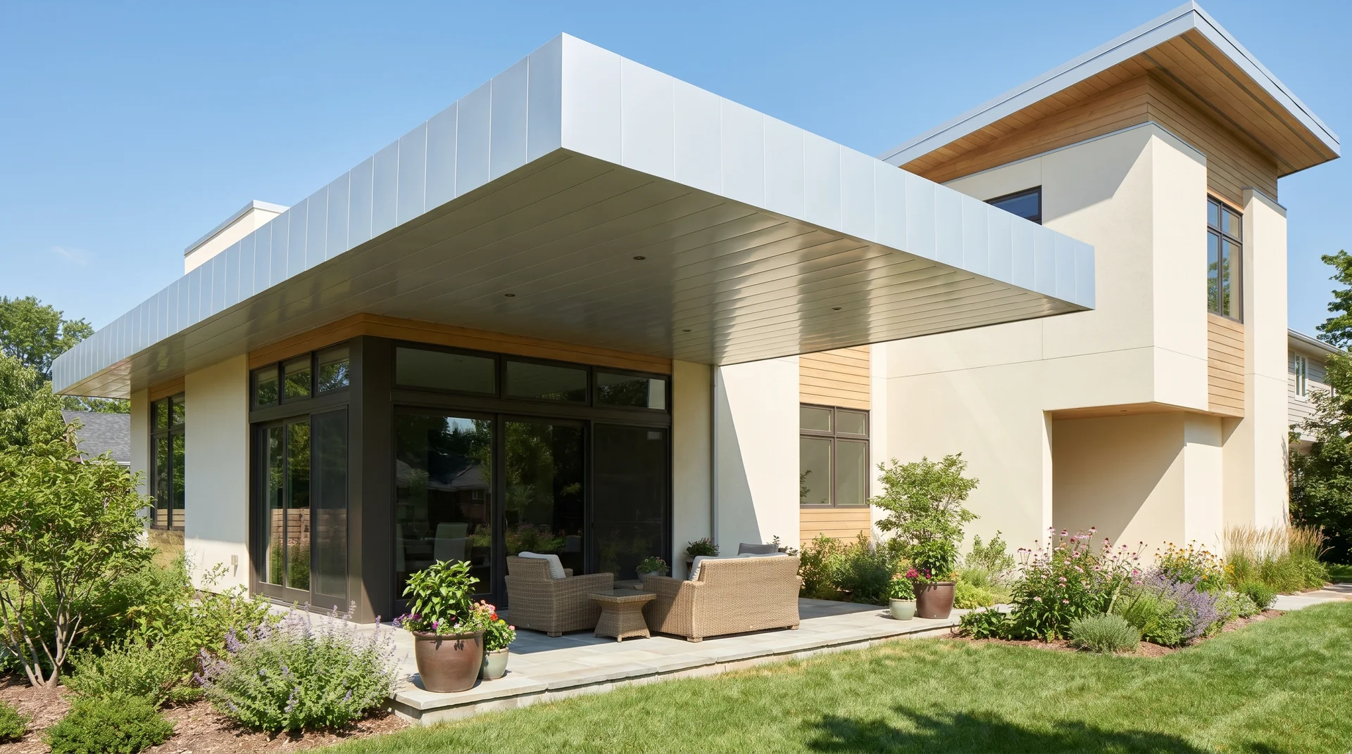 A modern two-story house with a white cantilevered roof extension shading a backyard patio with outdoor sofas.