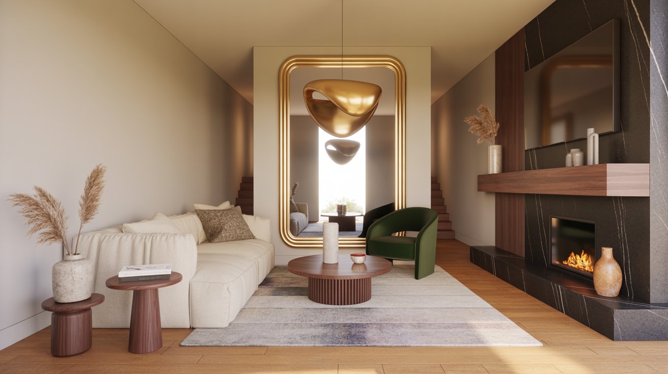 A modern neutral living room featuring a large, gold-framed rectangular mirror over a fireplace mantle.