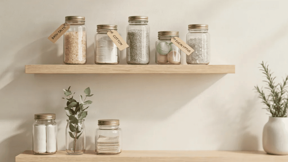 Floating bathroom shelves with apothecary jars, small plant, and spa-inspired minimal neutral decor