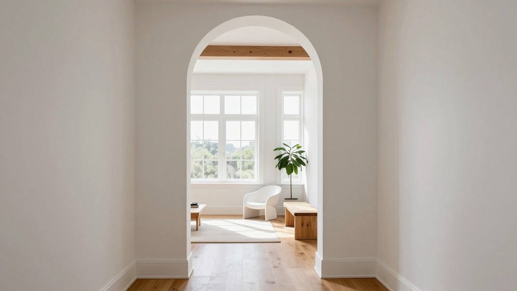 Arched doorway with smooth white trim leading into a bright, modern living space