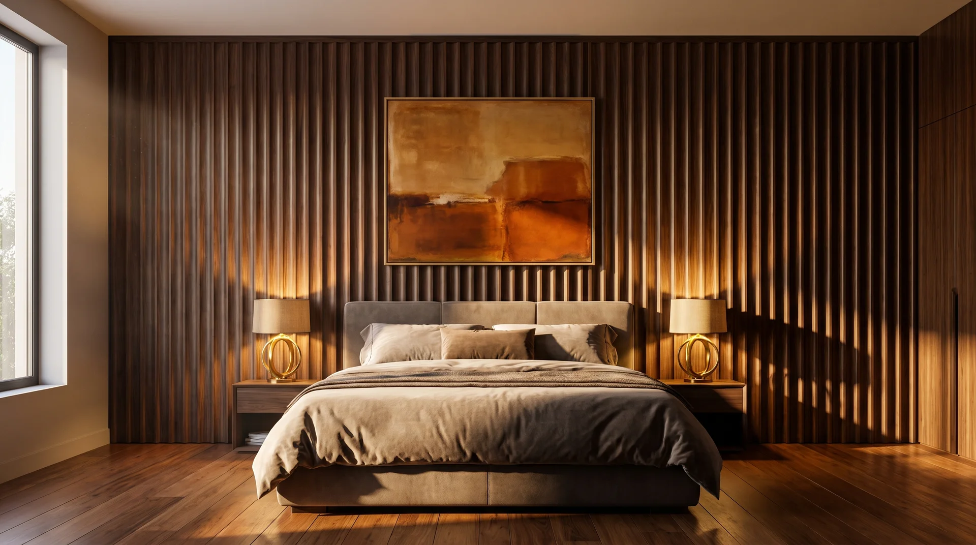 Full-height fluted walnut wall panels with raking afternoon light creating dramatic shadow play behind king bed with warm brass lamp glow.