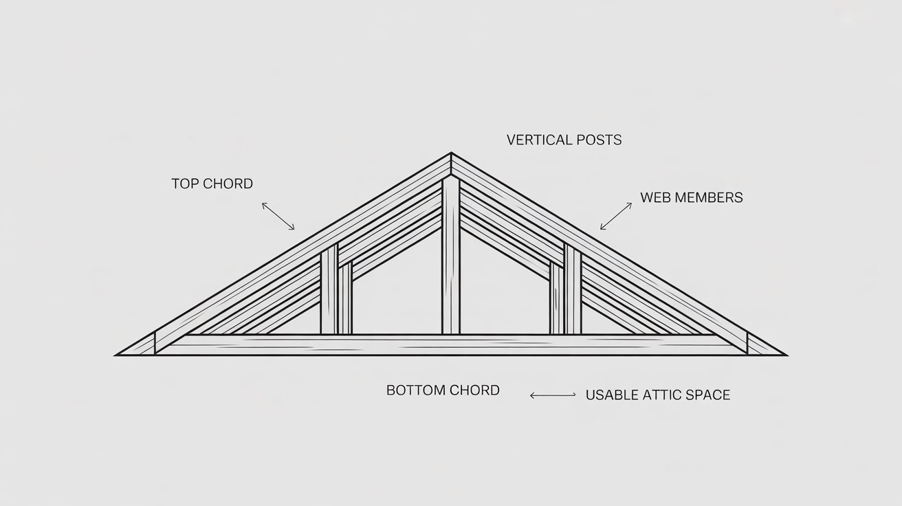 Attic roof truss diagram showing open center space, vertical posts, top chord, and bottom chord labeled.