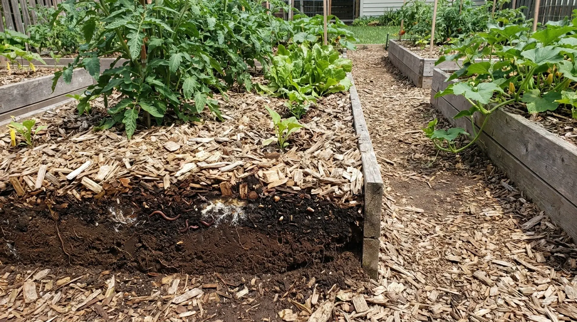 Vegetable garden beds covered with deep wood chip mulch using the Back to Eden no-till method.