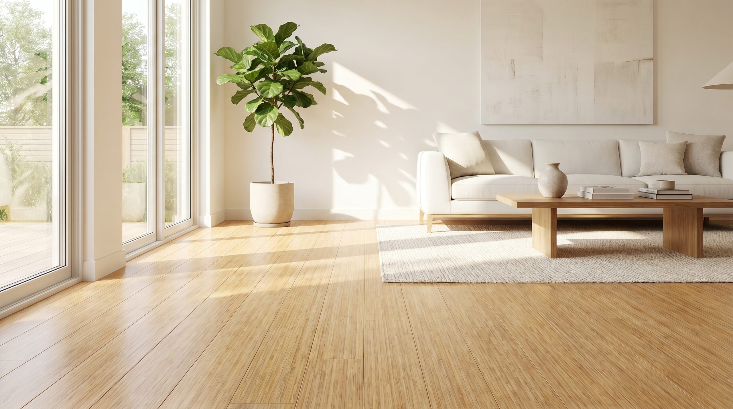 Bamboo flooring planks installed in a bright, modern living room featuring a large potted plant and a white sofa.
