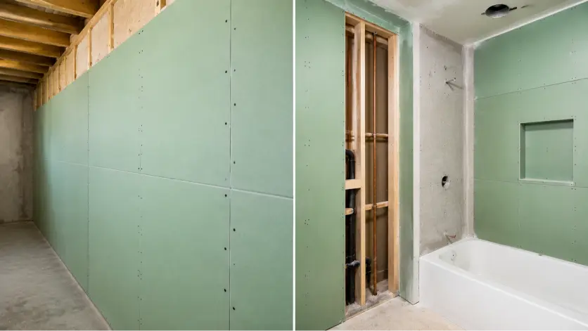 Split view showing basement with moisture-resistant green drywall and dehumidified environment alongside a bathroom under construction with cement board in wet zones and plumbing exposed.