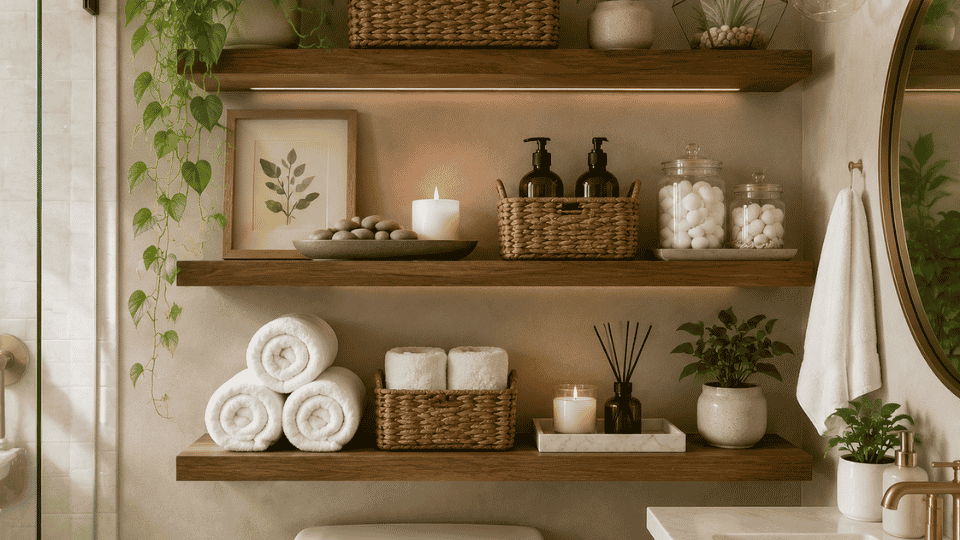Bathroom shelves with woven baskets, rolled towels, toiletries, and potted plants in a cozy spa-like setting