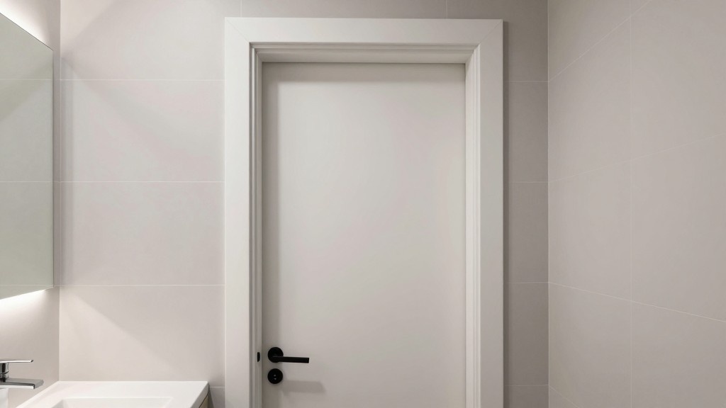 Bathroom door with simple flat stock white casing in a compact tiled space