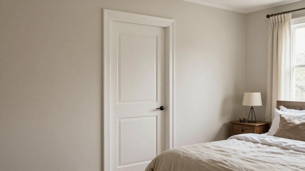 Bedroom door with simple white shaker-style casing in a calm setting