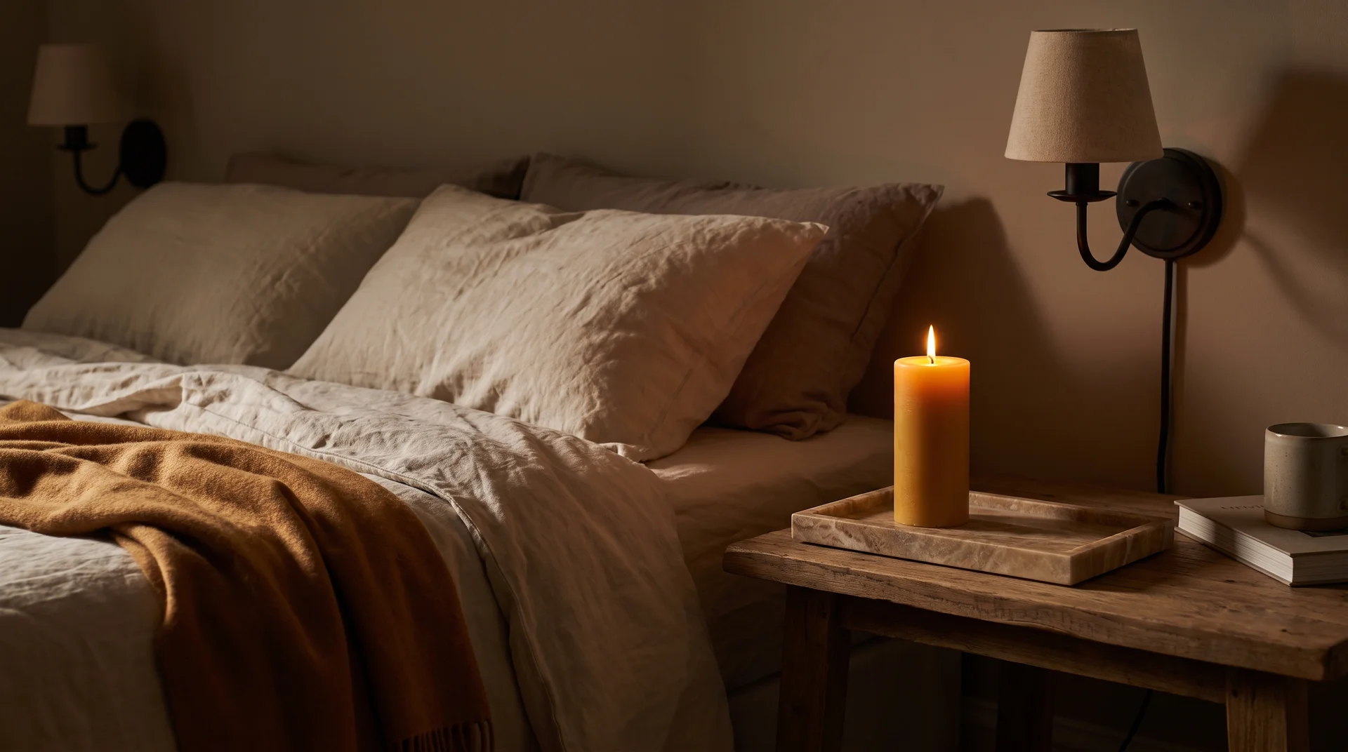 Beeswax candle burning on a marble tray beside linen bedding in warm luxury bedroom candlelight.