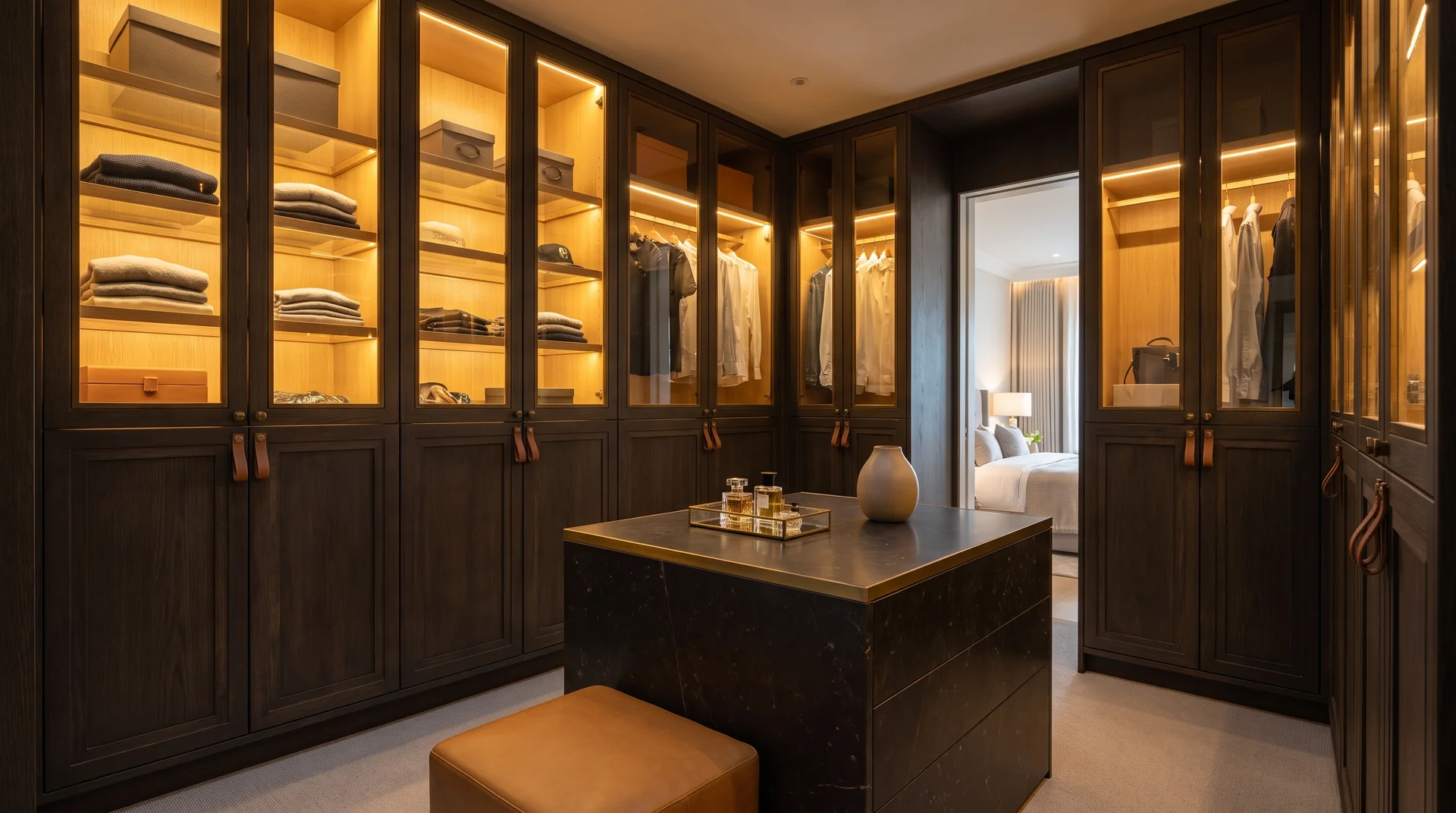 Richly appointed bespoke walk-in wardrobe with smoked oak cabinetry, antique brass hardware, marble island and warm internal LED glow.