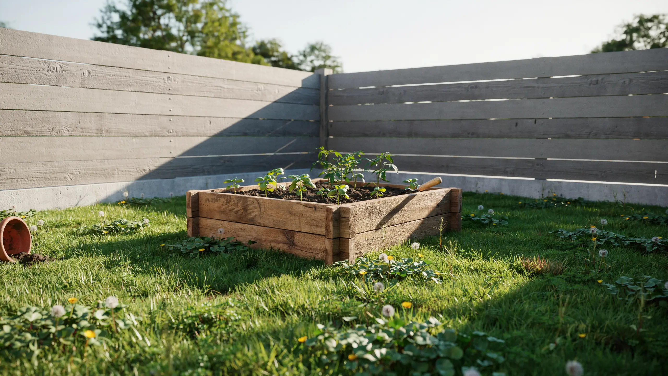 Sunny backyard corner with a small raised bed showing the best location to start a garden.