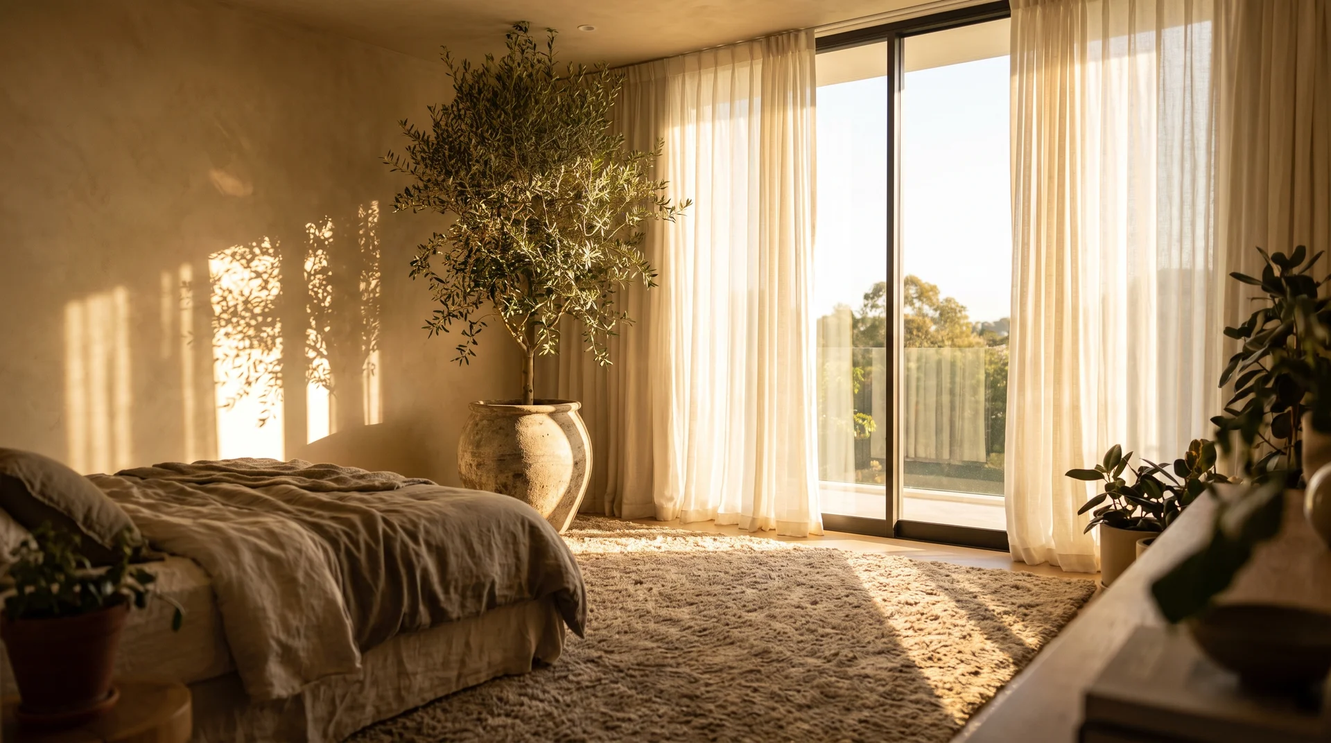 Luxury bedroom biophilic corner with mature olive tree casting leaf shadows on limewash wall, plush wool rug and morning light through sheer ivory linen panels.
