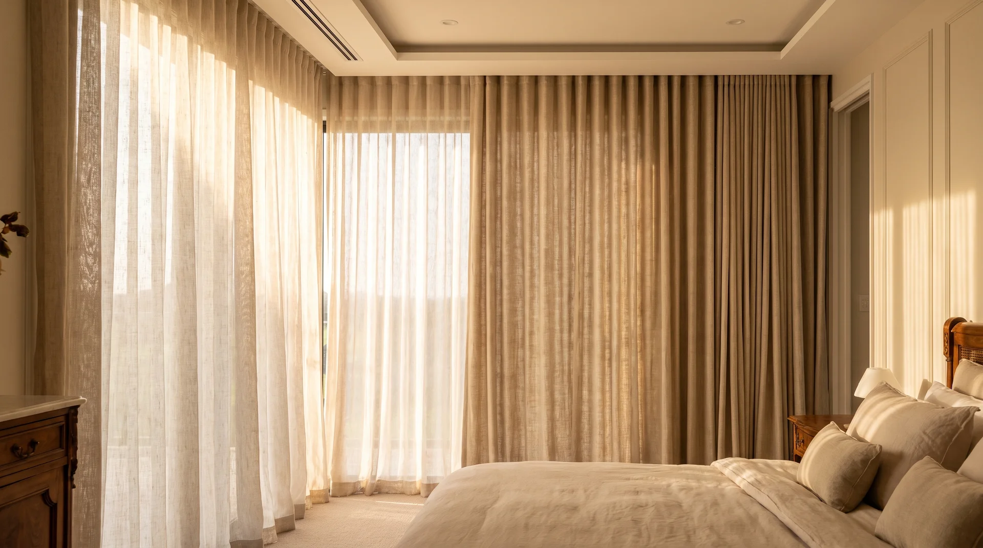 Layered sheer linen and lined drape panels on a ceiling track in warm afternoon luxury bedroom light.