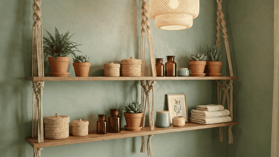 Boho bathroom with rope-hung shelves holding potted plants, baskets, jars, and folded towels, cozy spa-inspired style